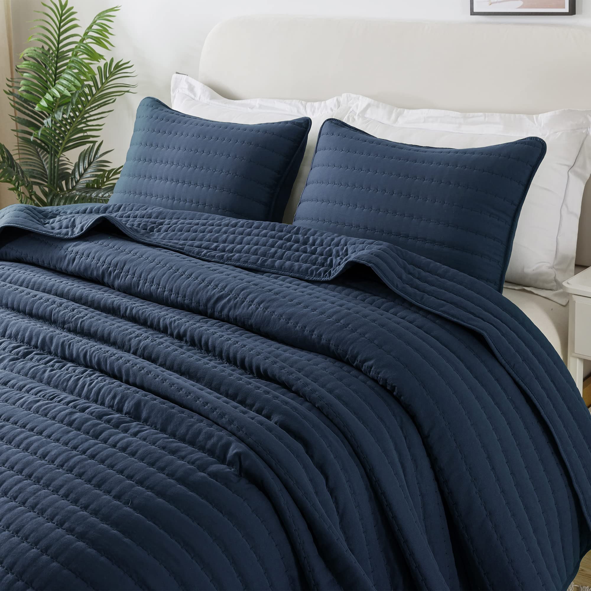 Roaringwild Navy Blue King Size Quilt Bedding Sets With Pillow Shams, Mustard Lightweight Soft Bedspread Coverlet, Quilted Blank